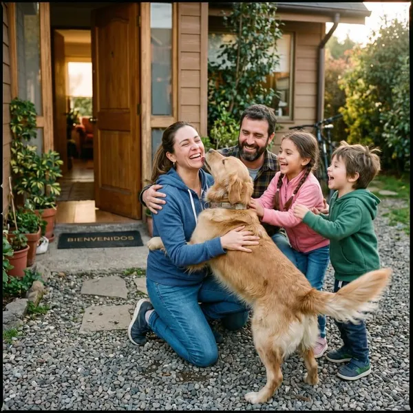 Familia feliz reunida con su mascota